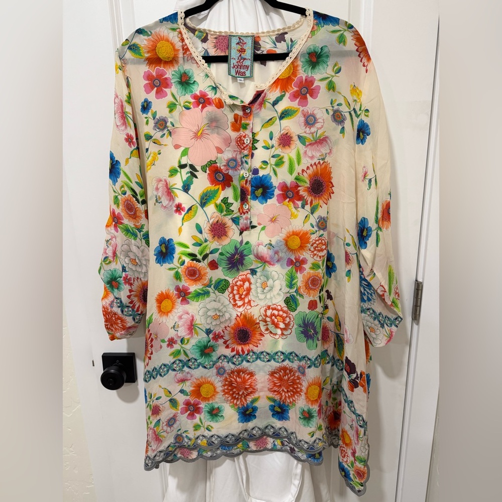Johnny Was Mala Handkerchief Sheer  Floral Tunic Top